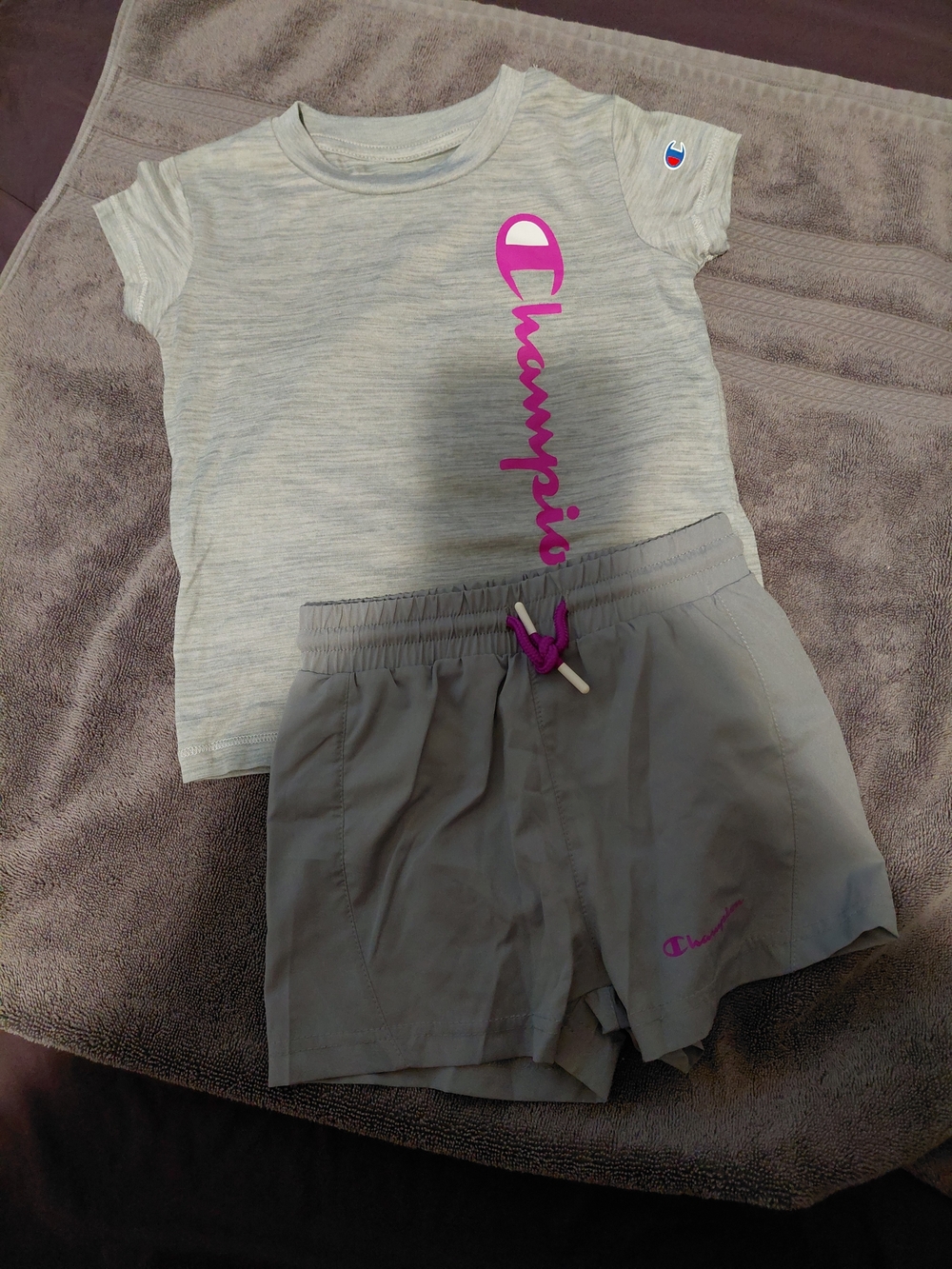 Champion Light Gray Tee & Shorts Set with Pink Logo